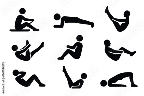 Silhouette fitness icons: various core exercise poses for workouts