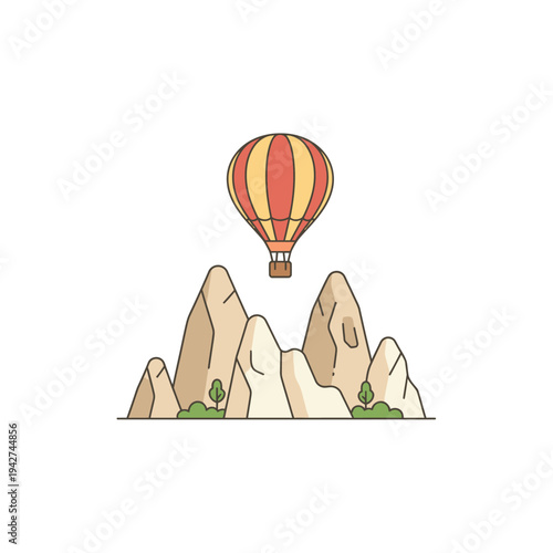Hot Air Balloon Ascending Over Majestic Rock Formations.