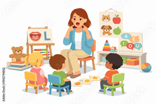 Teacher using speech therapy activities with children