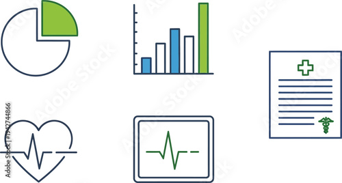 Medical Data Analysis Icon Set with Health Charts and Hospital Reports