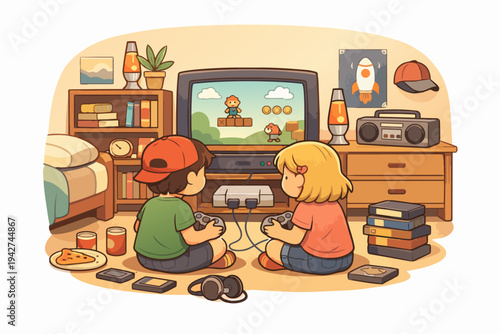 Kids playing retro video game console enjoying leisure time