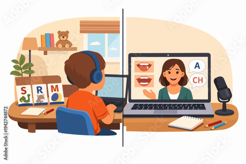 Child learning speech therapy online with therapist