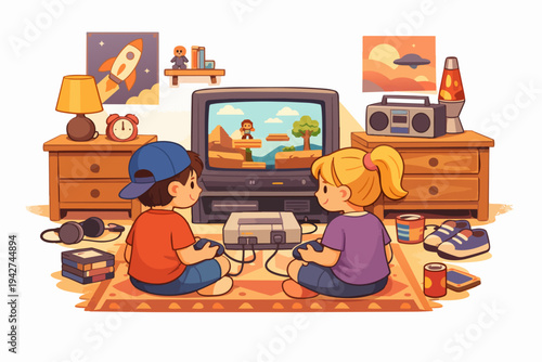 Kids playing retro video game console on television
