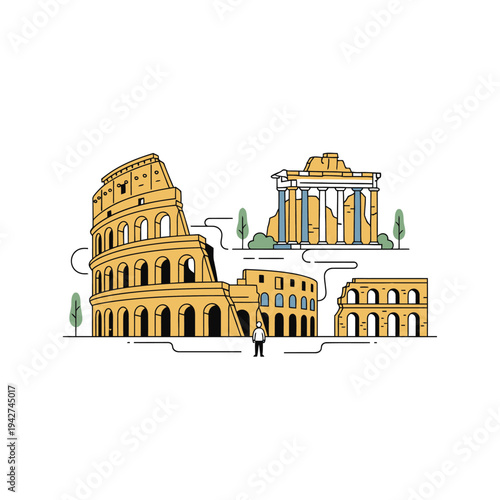 Ancient Roman Architecture Colosseum Roman Forum Landmark Illustration.
