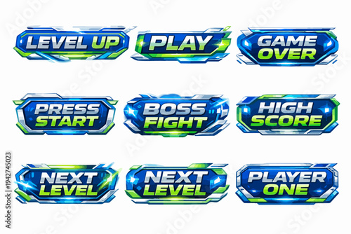 Futuristic video game interface elements showing gaming status