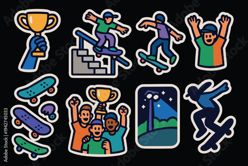 Urban skater adventure stickers featuring fun skateboarding graphics and trophy celebrations