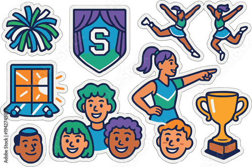 Cheerleading team spirit stickers with colorful cartoon athletes and symbols