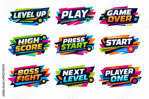 Video game elements with retro arcade style text