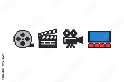 Pixel art film production icons showing a movie reel, clapperboard, vintage video camera, and laptop screen symbolizing digital filmmaking workflow