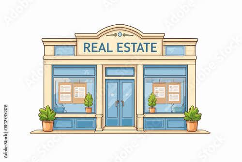 Real estate office building exterior with storefront