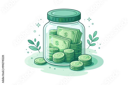 Illustration of a glass savings jar filled with dollar bills and stacked coins, surrounded by small leaves, symbolizing budgeting, investing, and financial growth