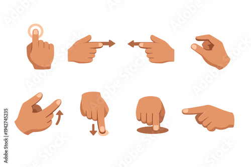 Set of illustrated hand cursor gestures showing tapping, pointing, swiping directions, clicking, pressing a button, and selecting interface elements