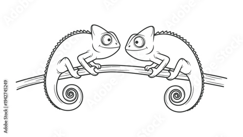 Chameleon Duo on Branch: A pair of chameleons perched on a branch, their eyes locked in a silent gaze, in monochrome. Evoking a sense of calm. 