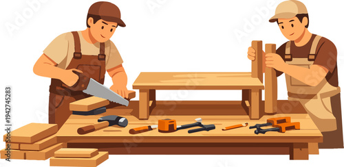 Craftsmen building furniture in a woodworking workshop
