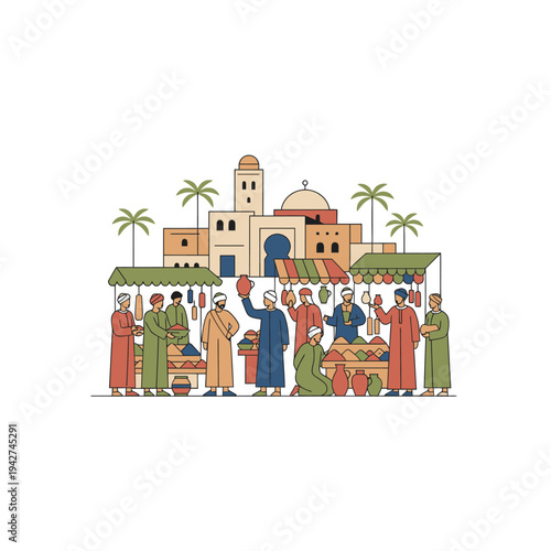 Traditional Middle Eastern Market Scene with People.