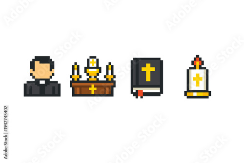 Pixel art religious icons featuring a priest, altar with candles, holy book with cross, and lit candle, isolated on a white background