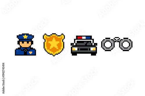 Pixel art police icons set featuring uniformed officer, gold badge, patrol car with lightbar, and metallic handcuffs on a clean white background