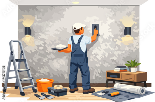 Plasterer worker renovating wall in room