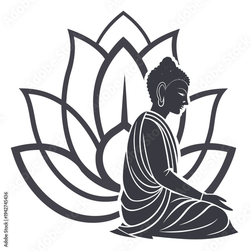 A minimalist, monochromatic vector illustration of a meditating Buddha set against a large lotus flower.