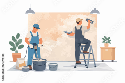 Workers plastering wall for home renovation project
