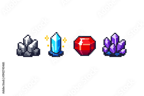 Pixel art set of fantasy gemstones and mineral resources, including gray ore rocks, glowing blue crystal, red gem, and purple crystal cluster icons