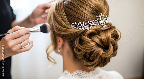 Professional hairstylist applying makeup to a bride with an elegant blonde updo hairstyle adorned with a sparkling crystal hair accessory, preparing for a wedding ceremony or special event