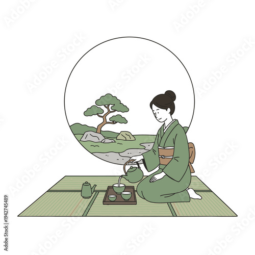 Woman in traditional Japanese kimono performing tea ceremony.