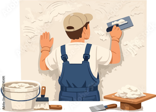 Construction worker plastering wall for home renovation project