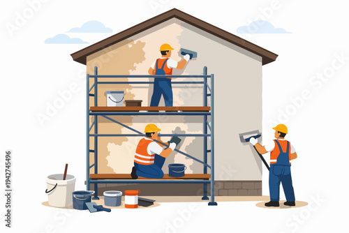 Construction workers plastering building exterior walls renovating house
