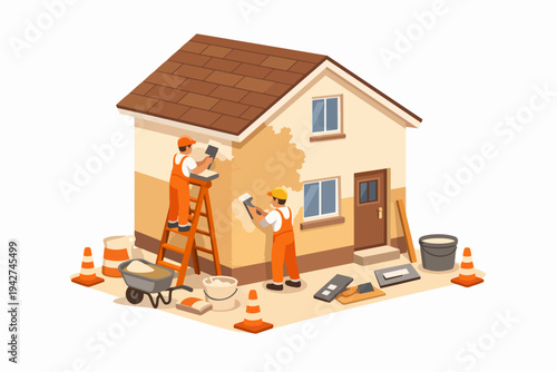 Builders renovating house exterior plastering work