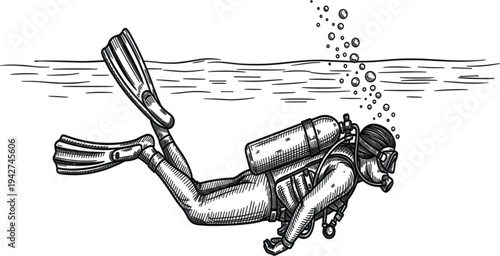 Scuba Diver Underwater Vintage Engraving Illustration for Ocean Exploration, Marine Adventure, Deep Sea Diving, and Underwater Sport Design