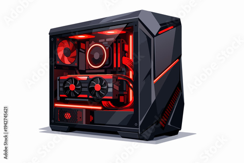 Gaming PC case showing internal red lights