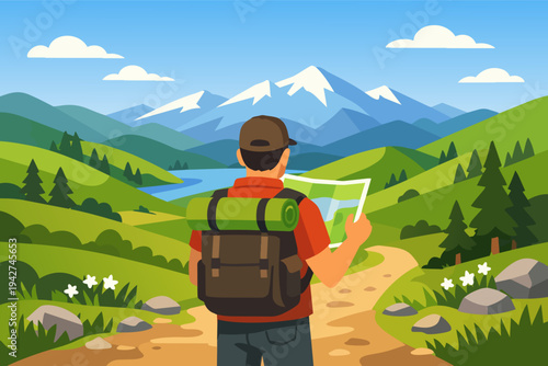 Traveler hiking mountains path searching direction on map