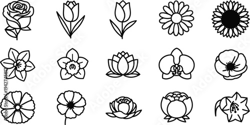 Black and white line of various flowers 2