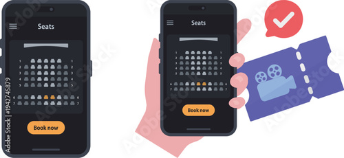 Movie Ticket Booking on Smartphone Cinema Reservation App Flat Vector Illustration