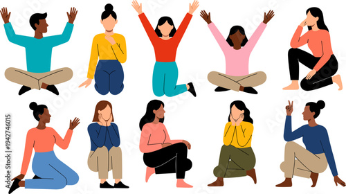 Flat vector illustration of a diverse group of people sitting and cheering in various expressive poses on a white background.