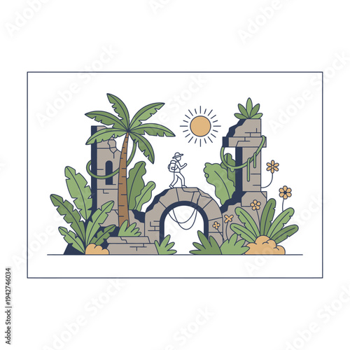 Ancient Ruins Explorer Journey Through Jungle Archway.