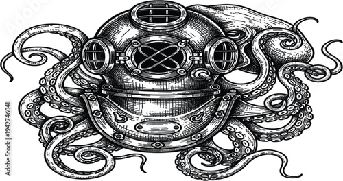 Vintage Diving Helmet with Octopus Tentacles Illustration in Engraving Style for Nautical, Marine Adventure, Deep Sea, and Ocean Exploration Design