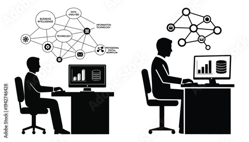 Data Scientist Silhouette Working on Computer with Analytics Icons