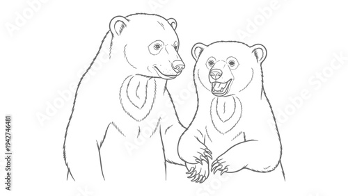 Gentle Bears' Line Art: A tender illustration of two bears, an older and a cub, locked in a moment of loving connection and trust. Depicting a sense of togetherness and parental love.