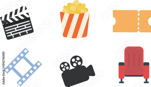 Cinema and Movie Icon Set Popcorn Ticket Clapperboard Flat Clip Art