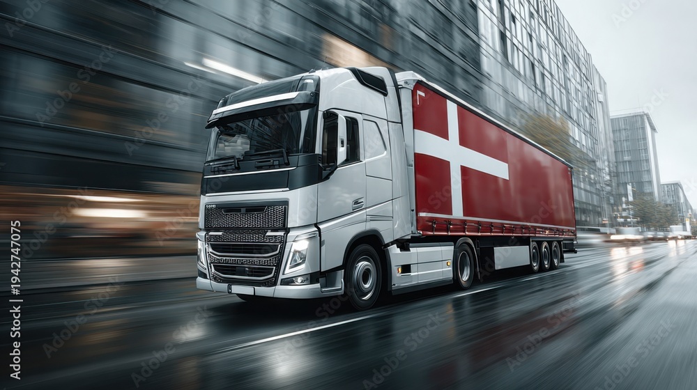 Naklejka premium Truck drives through a city street on a rainy day, delivering goods in a commercial area with modern buildings