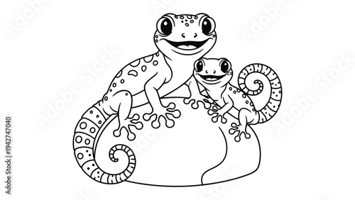 Gecko Family on Rock: A charming depiction of a parent and baby gecko, basking together on a textured rock, exuding joy and familial warmth.