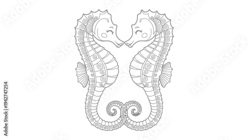 Sea Horse Romance: Two charming sea horses locked in an embrace, their delicate features and intertwined tails speak of the quiet beauty and love found in the deep blue ocean.