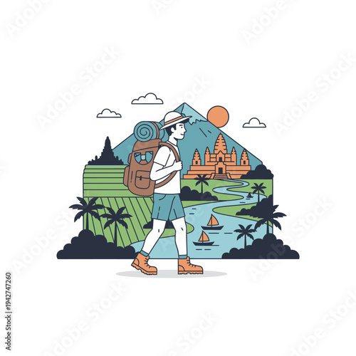 Young Traveler with Backpack Exploring Ancient Temples.