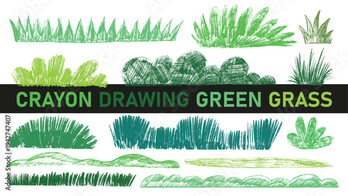 Crayon drawing of green grass in children’s style with colored pencil lawn, hills, meadow shapes. Decorative garden, park and forest elements. Playful nature vector set for kid book, poster, education