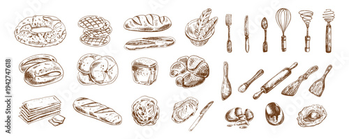 Hand drawn vintage bakery food and kitchen utensils set with bread pastry eggs whisk rolling pin tools engraving