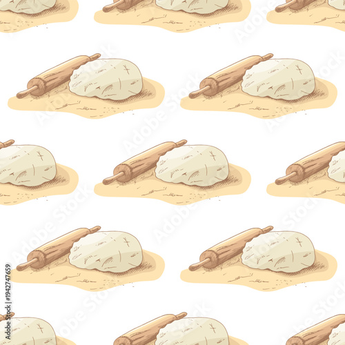 Hand drawn vintage dough and rolling pin seamless baking pattern with flour bakery cooking illustration retro style