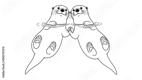Otters in Harmony: Two playful otters float together in calm waters, embracing in a symbol of togetherness and mutual affection.