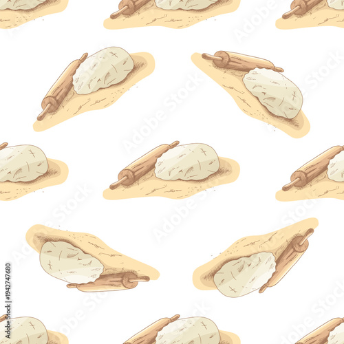 Hand drawn vintage dough and rolling pin seamless baking pattern with flour bakery cooking illustration retro style